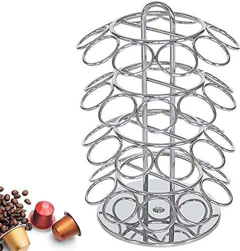 BAKAJI Portacapsule 40 Posti in Metallo Girevole con Finitura Cromata, Stand Porta Capsule per Caffè Nespresso, Dispenser Cialde Ideale per Cucina, Organizer Verticale Silver