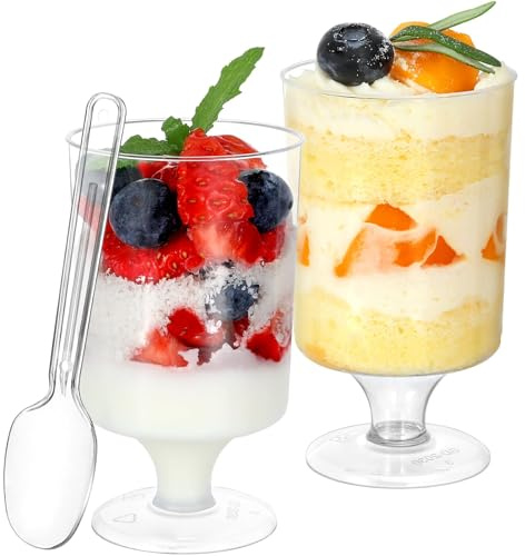 HawHawToys 60 Pack 3 Oz Mini Dessert Cups Disposable Appetizer Cup Goblet,Pedestal Clear Plastic Wine Glasses Parfait Appetizer Cups Serving Bowls for Tasting Party, Wedding, Birthday