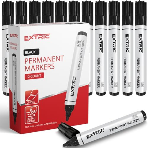 EXTRIC Permanent Markers Chisel Tip, Black, 12 Count, Quick Drying Ink, Works on Paper, Wood, Plastic, Metal and Glass, Great for Home, Office and School use
