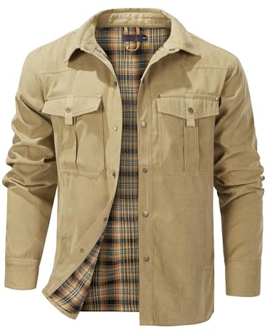Mr.Stream herr rutig flanellfoder jacka skjortjacka övergångsjacka lätt ståkrage fältjacka cargo höstjacka snap western cowboy jackor, Beige, XL
