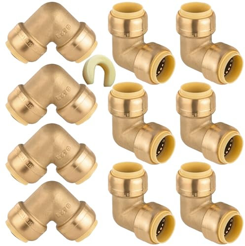 HeSun 10-pack Pushfit 90 graders armbåge, 1,2 cm x 1,27 cm tryck för att ansluta VVS-beslag med frånkopplingsklämma, mässingsbeslag för PEX, koppar, CPVC, PE-RT-rör