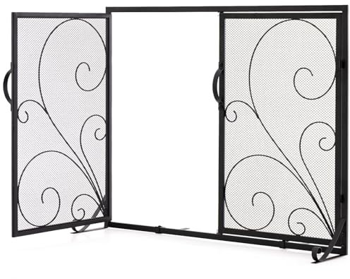 GIANTEX Schermo per camino, a 2 porte, parascintille Firewall Camino decorativo in metallo e maglia e pannelli magnetici, griglia di protezione per camino, stufa a legna, nero