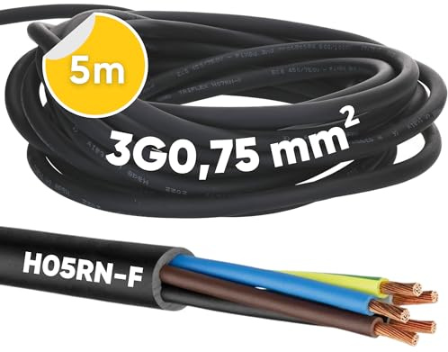 5 meter Kalitec H05RN-F 3 x 0,75 mm² gummikabel med skyddsledare för utomhusbruk I elkabel svart byggarbetsplatskabel flexibel I UV- och oljebeständig I Anslutningskabel 3G 0,75 gummikabel 3-ledare