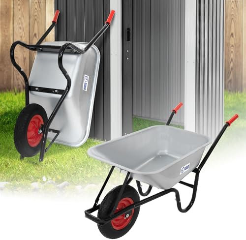 ECD Germany Brouette de Chantier 100L, Bac en Acier Galvanisé - Argent, 250kg de Capacité de Charge, Pneus Gonflables avec Jante en Métal, Brouette de Construction, Chariot de Transport pour le Jardin
