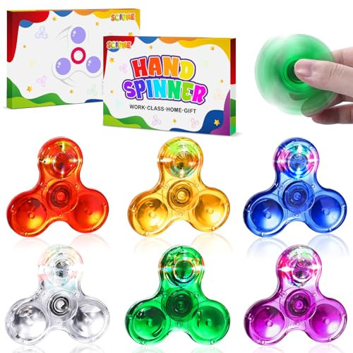 SCIONE 6 Stück Kristall LED Licht Fidget Spinner für Kinder, 5.7CM Mini LED Light up Fidget Spielzeug für Kleinkinder Glow in The Dark Party Supplies Stressabbau für Kinder und Erwachsene