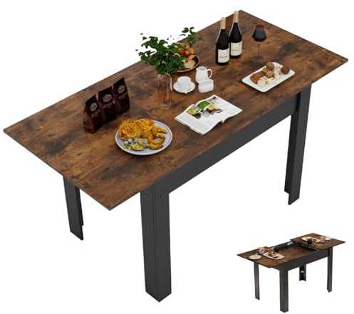 YU YUSING Table Salle à Manger Extensible Rectangle 105-150cm, Table de Cuisine en Bois pour 4-6 Personnes, avec Rallonge, Cadre Métallique Robuste, pour Salon, Bureau, Petit Espace, Marron