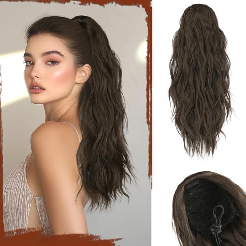 Sofeiyan Coda Capelli Extension con Coulisse, 45 cm Ondulati Extension Coda di Cavallo Sintetici Clip in Coda Finta Capelli Posticci Extension Capelli per Donna,Castano Medio