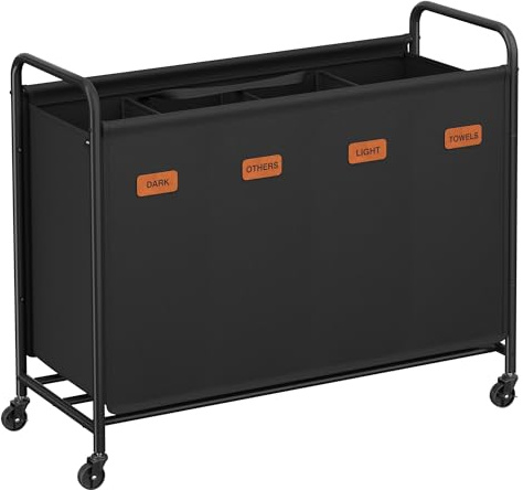 SONGMICS 4-Section Laundry Sorter, Laundry Hamper with Wheels, Rolling Clothes Hamper Cart with Large Capacity and Removable Bags, for Laundry Room, Bedroom, Bathroom, Ink Black URLS460B01