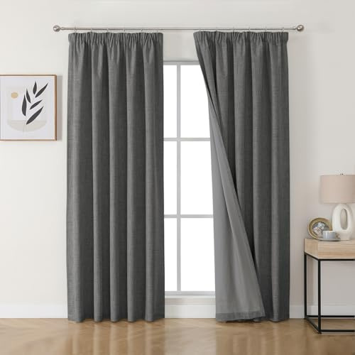 Joydeco 100% mörkläggningsgardiner, linnegardiner med veckband, set om 2, H 229 x 132 cm, grå, termisk gardin, köldskydd, ogenomskinligt, ljudisolering, perfekt för vardagsrum, passar med skensystem