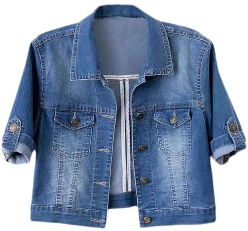 IQYU Giacca di jeans da donna a maniche corte, colore bianco, giacca di jeans da donna, giacca corta per le mezze stagioni, elegante e leggera, in denim, per il vestito, giacca corta streetwear