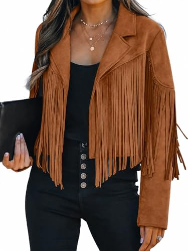 Bibowa Faux Leather Jackets For Women Trendy Cowgirl Outfits Fall Western Fringe Cropped Jacket 2025 Tassel Motorcycle Crop Coats Winter Tan Xl