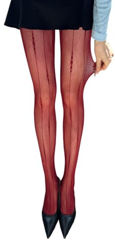 Lerpwige - Collant da donna con pizzo, motivo a rete, per rave, party, abbigliamento da club, Rosso vinaccia, Taglia unica