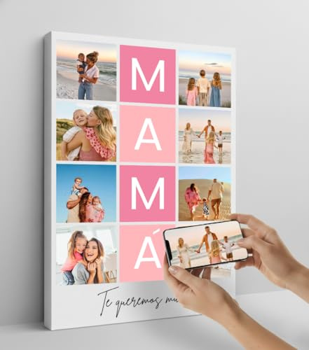 Cristal Plaque - Lienzo Personalizado con 8 Fotos y Texto “MAMÁ” | Cuadro Decorativo en Bastidor de Madera | Regalo Original para Madre | Decoración para Salón o Dormitorio | Impresión Premium