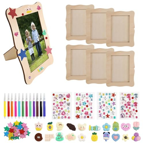 Begonia Juego de 6 marcos de madera para pintar (14 x 19 cm), juego de manualidades creativas con 12 acuarelas, piedras brillantes y pegatinas 3D, marco vacío para personalizar, decoración o como