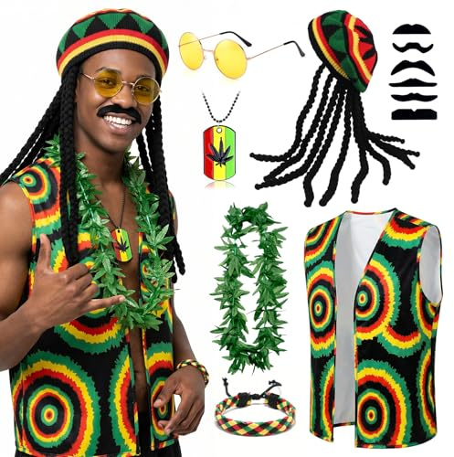 Grantop Rasta, kostymset, 18-delars kostym män, accessoarer set, reggae-outfit med dreadlocks, mössa, jamaicansk väst, glasögon, halsband, för karneval temafest, cosplay