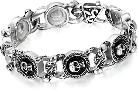Cupimatch Mens Heavy Gothic 18MM Wide Biker Silver Tone Stainless Steel Motorcycle Chain Bracelet 9.1 (8.7 Skull) for Fathers Day