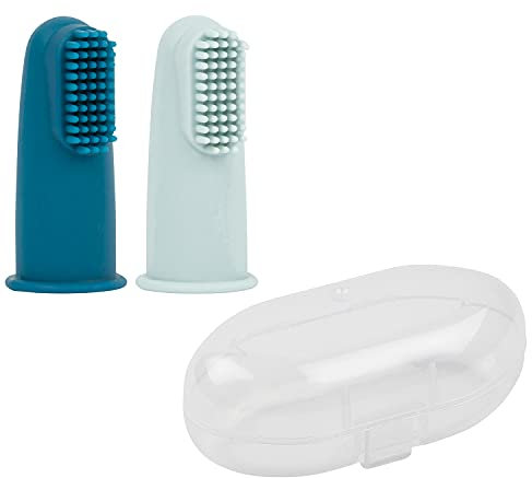 Nattou Babyzahnbürste aus Silikon, 2x Fingerzahnbürste für Babys und Kleinkinder, 1x Schutzhülle, BPA-frei, Silicon, Blau
