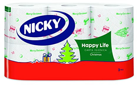 Nicky Happy Life Christmas - Carta Igienica Natalizia, 42 Rotoli da 170 Strappi, a 3 Veli, Apertura Facilitata, 4 Fantasie con Decori Natalizi, Morbida e Resistente, Allegra e Festiva, Carta FSC