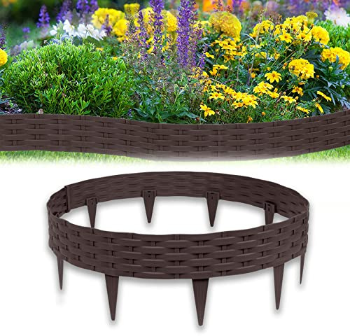 Froadp 100cm Imitación de Ratán Delimitadores de Bordes para Jardín, Borduras de Cama Flexible de Plástico, Bendable Vallas de Césped para Parterres, Empalizadas Bordillos (5 Piezas, Marrón)