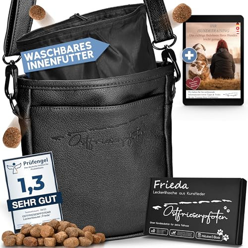 Ostfriesenpfoten® Leckerlitasche 'Frieda' für Hunde aus hochwertigem Kunstleder - Schwarz Größe L - Futterbeutel mit EasyOpen Einhandmagnetverschluss - Gassitasche für Hunde-Leckerli