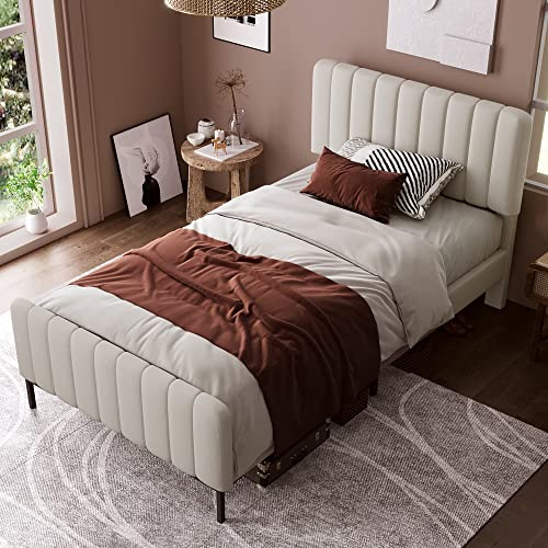 BTM Cadre Lit Simple capitonné - 90 x 200 cm, rembourré avec sommier à Lattes et tête de lit réglable, pour ado Chambre à Coucher, Beige