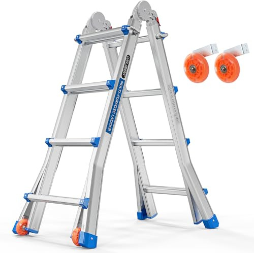 LUISLADDERS Ladder, A Frame Step Ladder Telescoping Ladder, Muti Position Folding Ladder Flared Leg & Wheels Design, 330 lbs Capacity Extension Ladder for Household Outdoor Work (17 FT)