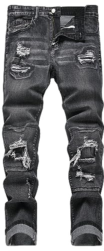 JUNBAOSS Men's Slim Fit Stretch Jeans Ripped Skinny Jeans for Men, Distressed Tapered Leg Fashion Comfort Flex Waist Cargo Denim Pants, Grey Ripped 6602, Size 34