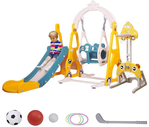 Sinbide 7-IN-1 Kinder Rutsche mit Schaukel und Basketballständer, Indoor & Outdoor Rutschbahn mit Fußballtor, Golfspiele und Spiele mit dem Reifen, Spielgeräte, Geschenk für Kinder (Gelb)