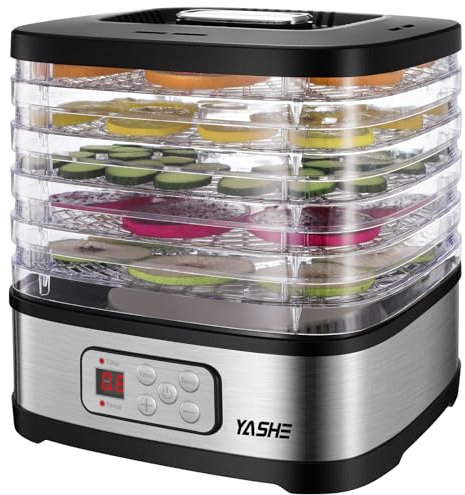 YASHE GGJ-261B Dörrautomat mit LED-Display, Temperaturregelung 35-70°C & 72-Stunden-Timer, 5 höhenverstellbaren Tabletts, Dörrgerät für Obst und Gemüse, 240 Watt, BPA-frei