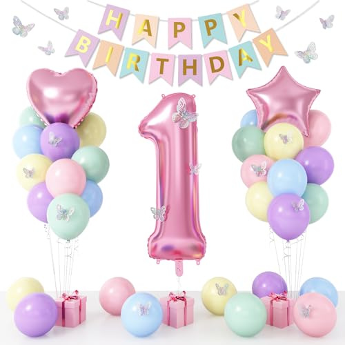 1st Birthday Decoration for Girls, Pastel Macaron 1st Birthday Balloon, Pink Number 1 Balloon with Butterfly Stickers, Star Heart Foil Balloons Banner Set for Baby 1 Year Old Party Decor