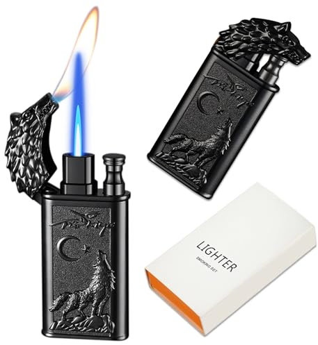 CYJBAO Relief Wolf Dual Flame Lighter - Windproof Adjustable Jet Flame and Soft Flame, Refillable Butane Lighter for Candle, BBQ, Kitchen, Camping(Without Butane)-Wolf