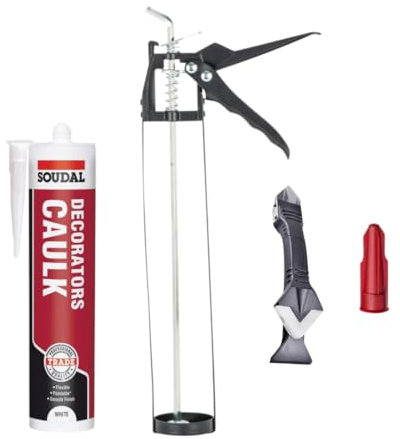 Decorators Caulk White Bundle: White Decorators Caulk Gap And Crack Filler Acrylic Silicone Adhesive Sealant 290ml, Skeleton Caulking Gun, Silicone Tool and Threaded Nozzle with Cap