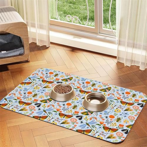Mosytuky Cat Food Mat for Pet Dog Food Mat,Cat Mat for Food and Water,Non-Slip Absorbent-Insects and Flowers
