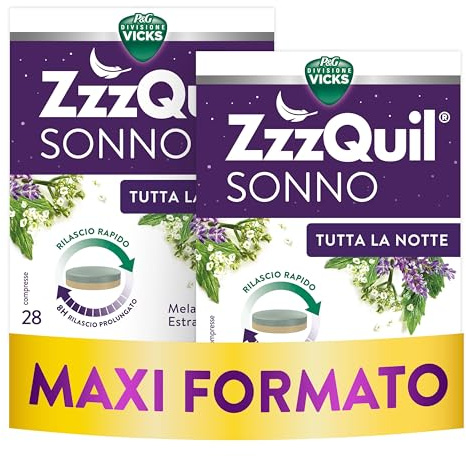 ZzzQuil Tutta La Notte Integratore Per il Sonno, Melatonina con Valeriana, Melissa e Vitamina B6, con rilascio prolungato di melatonina ed estratti botanici per 8 ore, 28 x 2 Compresse