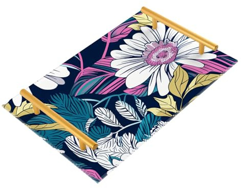 Bandeja decorativa de plástico con asas, diseño de flores y hojas verdes, para servir joyas, perfumes, para transportar alimentos, charolas para servir comida