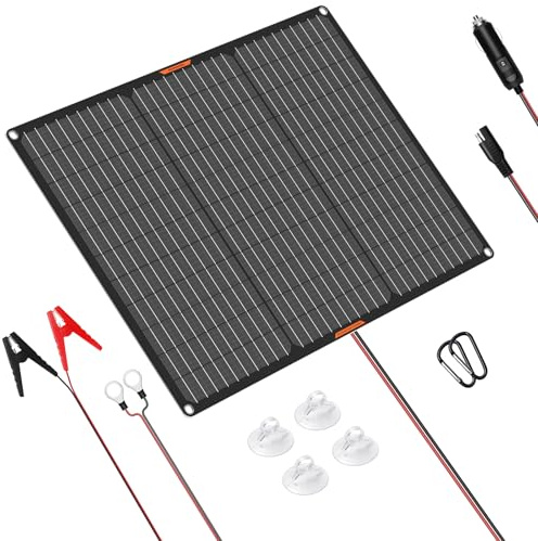 MHPOWOS Cargador de batería solar para coche, 50 W, 12 V, panel solar, portátil, resistente al agua, cargador de mantenimiento para barco, autocaravana, con clip de cocodrilo