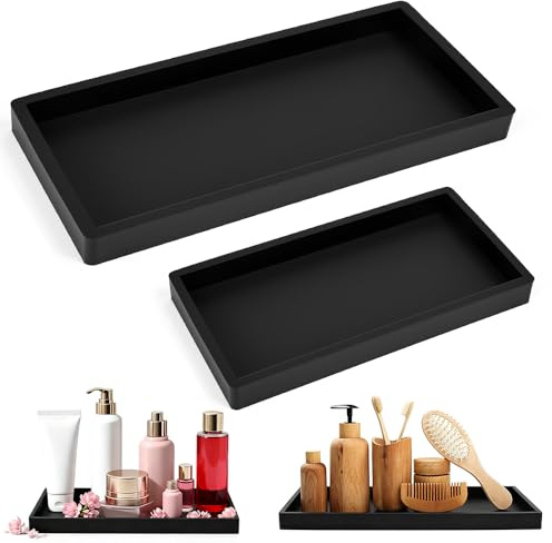 Vijixka 2 Pz Vassoi da Bagno in Silicone,Vassoio Rettangolare Nero,Vassoio Portaoggetti per Vanità per Saponi Cosmetici Gioielli Aromaterapia (30.5 * 12.8 * 2cm e 20.2 * 10 * 2cm)
