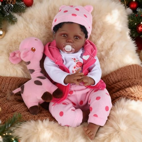 CAMANDY Reborn Baby Doll, 56 cm Muñeca Afroamericana realista con peso para niños pequeños con pelo rizado negro y ojos abiertos, cuerpo de tela de vinilo con juego de accesorios, a partir de 3 años