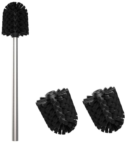 Mozmmhi Scopino per WC, con 3 testine di ricambio, manico in acciaio inox 304, per la pulizia del bagno (argento, diametro 7 cm)