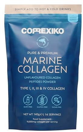 CORREXIKO Marine Collagen Powder Supplement Unflavoured - 10,000mg Double Hydrolysed Collagen Peptides per Serving - Formulated for Maximum Absorption - for Hair, Skin & Nails - 140g, 14 Servings