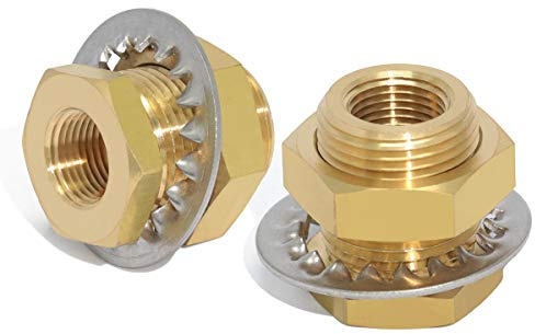Boeray 2pcs Brass Bulkhead Fittings 3/8” NPT Female to 3/8” NPT Female Thread Bulkhead Straight Connector Brass Coupling 1.3” Length Outer Diameter 1”-14 Bulkhead Tank Air Hose Line Pipe Fittings