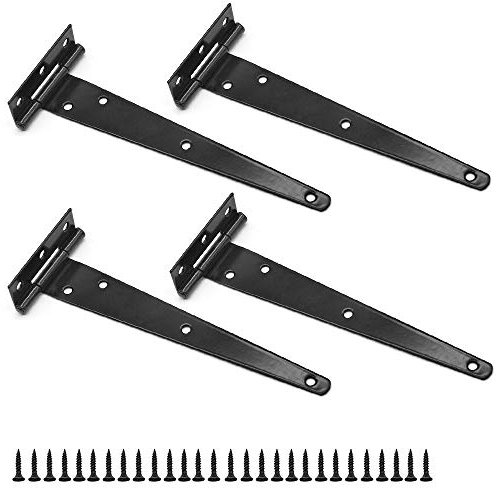4 Pièces Charnières en T 8 Pouces Noir Métallique Robustes pour Portes de Grange - 200 mm avec 28 Vis pour Portails Extérieurs