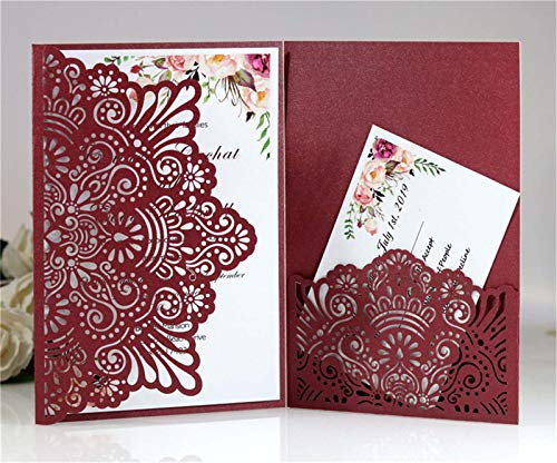 Biglietti di invito per matrimonio, taglio laser, romantici, con pizzo, 50 pezzi, colore: rosso