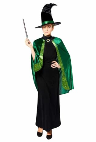Amscan - Erwachsenenkostüm Professor Mc Gonagall aus Harry Potter, Kleid, Umhang, Hut, Magierin, Zauberin, Schwarz, Grün