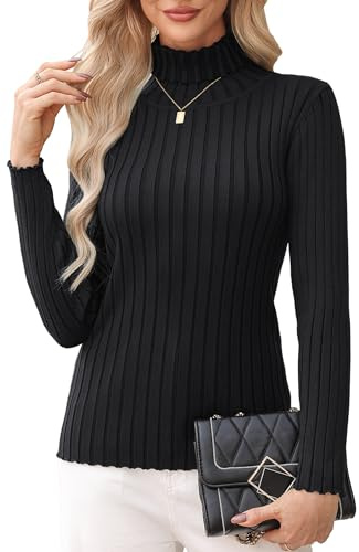 Aottori Black Turtle Neck Tops for Women Long Sleeve Knitted Jumper Ladies Roll Neck Sweater Solid Winter Warm Pullover Tunic Black L