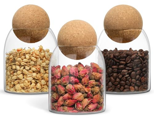 ComSaf Tea Coffee Sugar Canisters Set, 480mL Small Glass Jar with Cork Lids, 3 Pack Tea and Coffee Jars, Spice Jars, Stylish Decorative Kitchen Canisters, Perfect Kitchen Food Storage Organiser