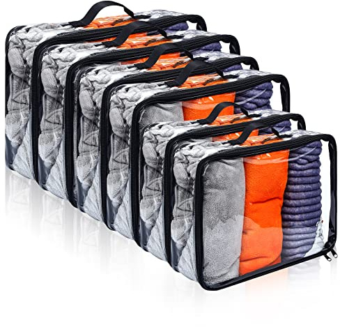 Hillban 6 Pcs Black Large Clear Travel Packing Cube 3 Sizes See Through PVC Organizer for Suitcase Multipurpose Pouch with Handle Vinyl Zippered Storage Bags Luggage Cube Organizer