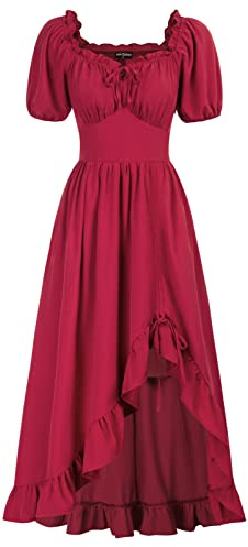 Scarlet Darkness Women's Red S Maxi Renaissance Dress with Pockets, Victorian Style, High Low Hem, Corset, Off-The-Shoulder, Sweetheart Neck, Short Sleeves, Summer, Party, Casual, Wedding, Cocktail