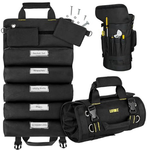 Sac à Outils Enroulable avec 13 Poches,Grand Sac de Rangement Portable Robuste pour Hommes,Mécaniciens,électriciens et Menuisier,Noir