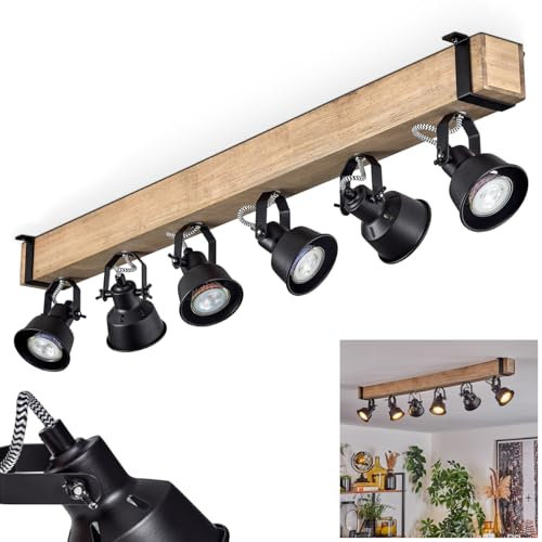 Deckenleuchte Safari, moderne Deckenlampe aus Metall/Holz in Schwarz/Natur, Deckenleuchte im Industrial Design mit verstellbaren Schirmen, 6-flammig, 6 x GU10 ohne Leuchtmittel